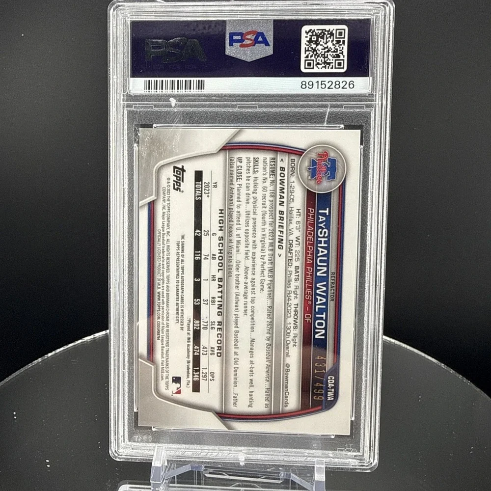 2023 Bowman Chrome TayShaun Walton‎ First Auto Refractor /499 PSA 9 Phillies